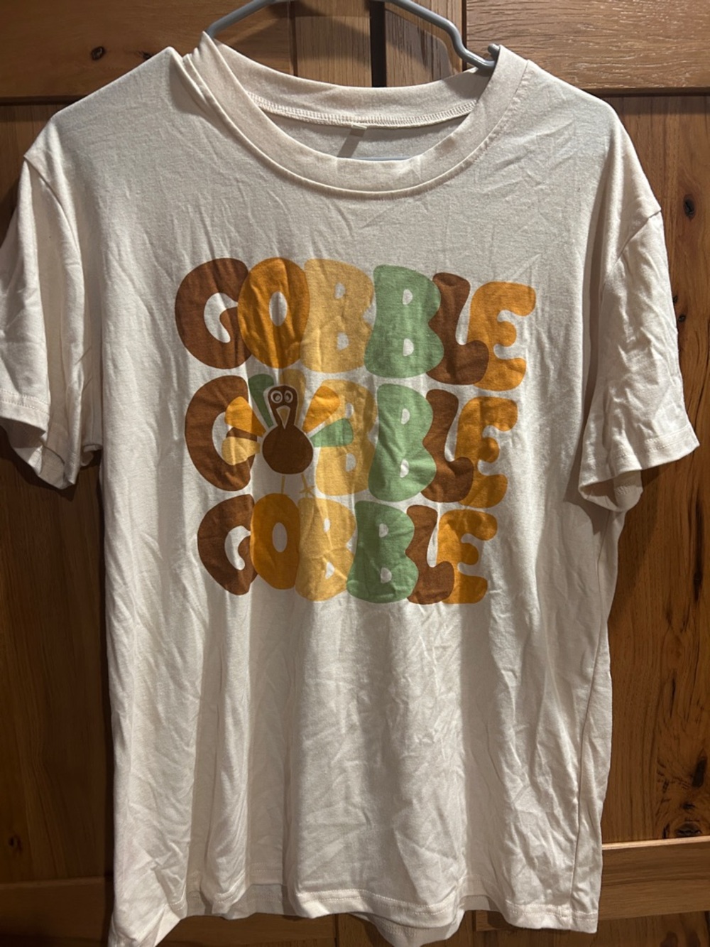 Graphic 'Gobble Gobble' Turkey Tee - Cream with Brown, Orange & Green Print